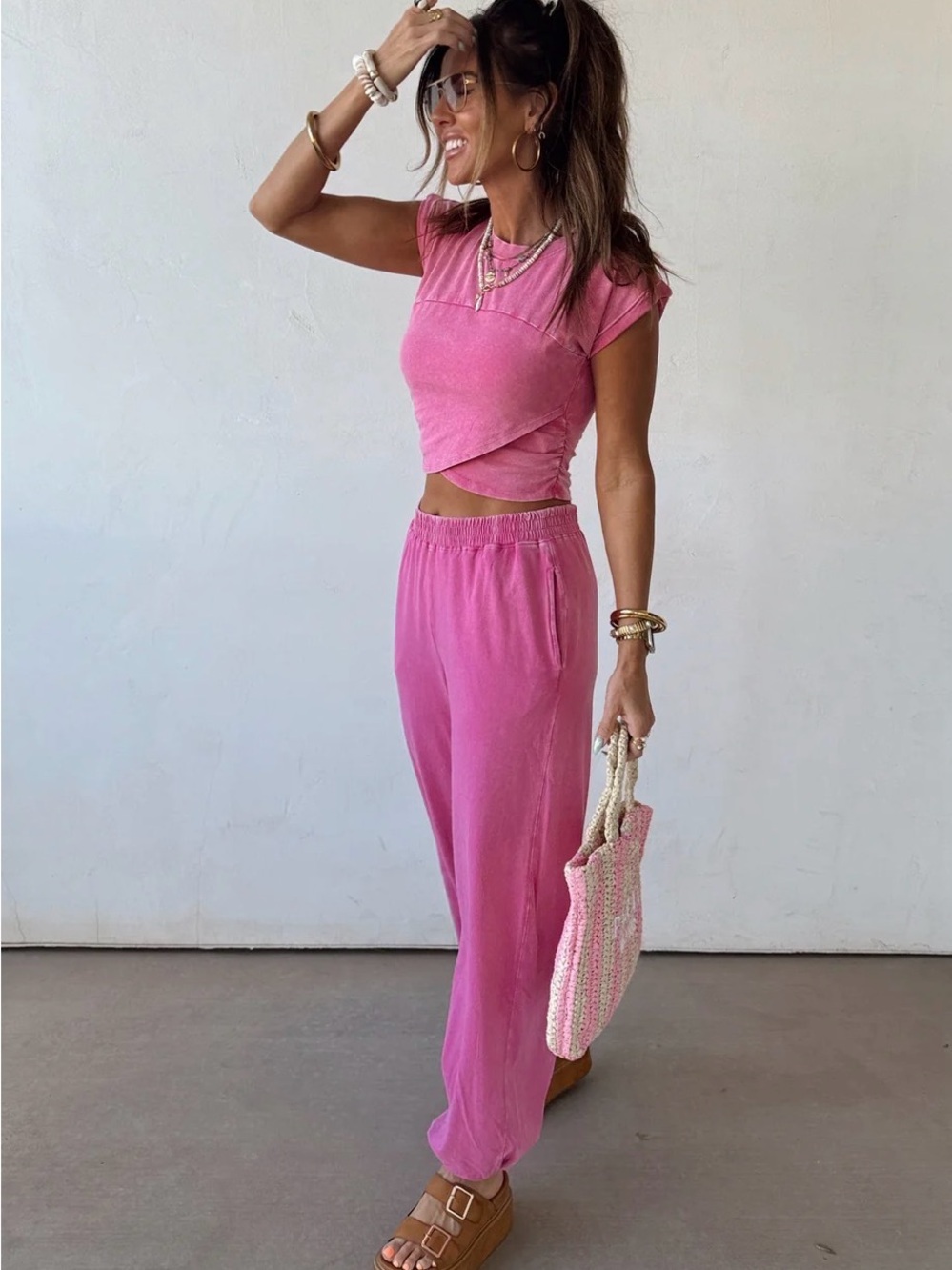 NWT Mineral Washed Crop Top & Jogger Sweatpants Set Pink - Picture 7 of 9